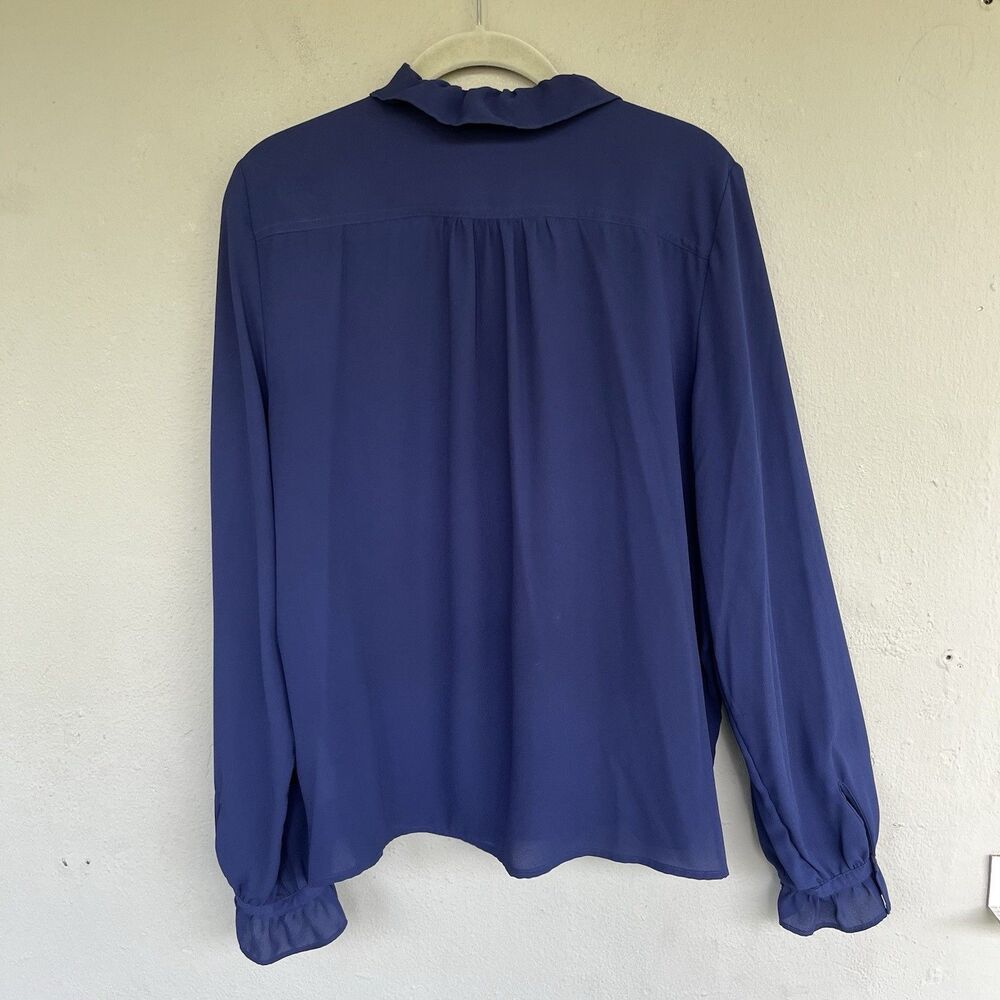 J Crew Navy Sheer Ruffle Blouse Women 12 Gold Button Long Sleeve Preppy Romantic - Picture 8 of 14
